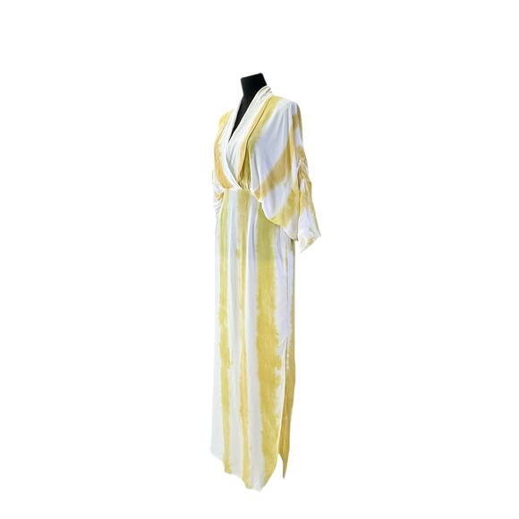S/W/F Yellow Tie Dye Boho Maxi Caftan 100% Rayon Resort Cover Up Dress- Small - Picture 5 of 9